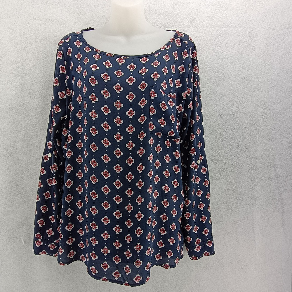 Loft Ann Taylor Navy Blue Medallion Print Roll Tab Sleeve Blouse Top Large